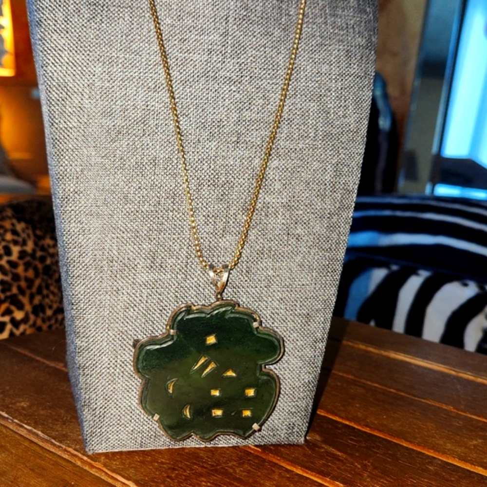 Neiman Marcus Green and Gold Floral Jade-Style Pendant Brooch